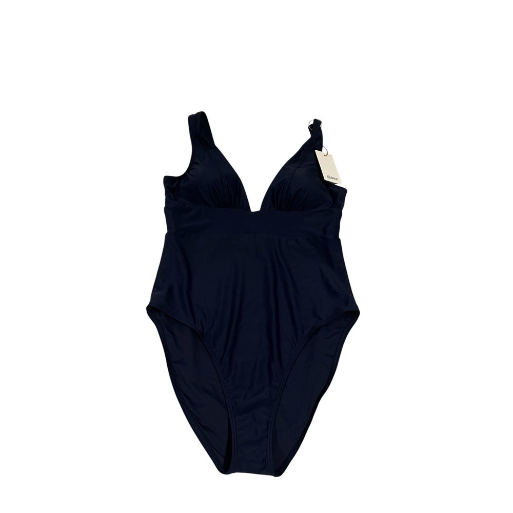 Quince Italian Plunge One Piece Swimsuit Women's Size L Navy Quiet Luxury NWT